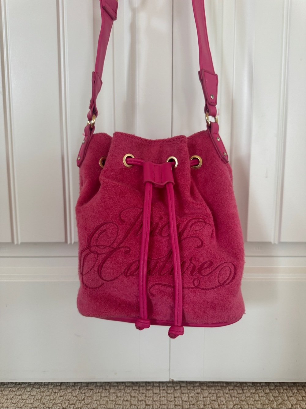 Juicy Couture Hot Pink Terry Cloth Drawstring Shoulder Bucket Bag